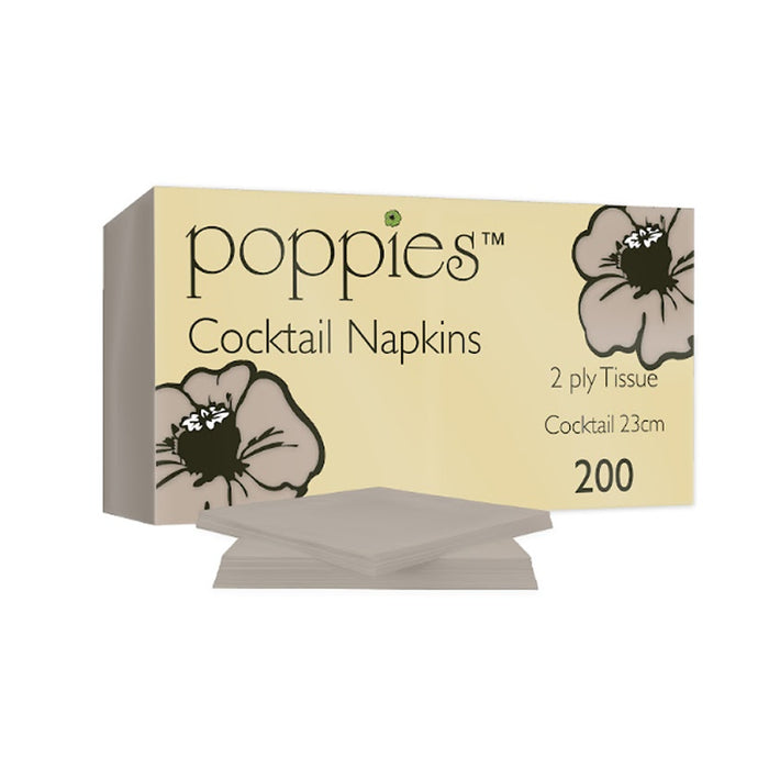 A box of Poppies Cocktail Napkins with a beige background, black text, and floral illustrations, with a stack of folded napkins displayed in front on a white background.