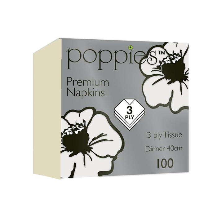 A box of Poppies Premium Napkins, 100 count, 3 ply tissue napkins, 40cm size, featuring a gray and white floral design with a cream-colored side panel.